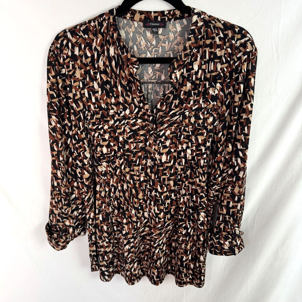 Cocomo Women's Top Blouse Size Large Black/Brown Print 3/4 Sleeves